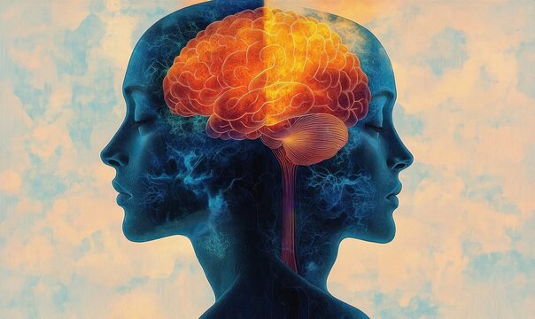 Portrait of two human heads back to back with glowing orange brain and neural connections inside, symbolizing shared cognition or duality of mind