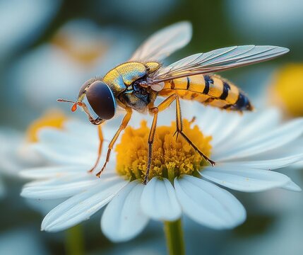 Close-up of a colorful hoverfly with detailed wings and large eyes perched on a white daisy with a yellow center under soft natural light