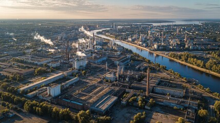 Industrial complex overview riverbank aerial photography urban landscape daytime manufacturing insights