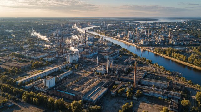 Industrial complex overview riverbank aerial photography urban landscape daytime manufacturing insights - Powered by Adobe