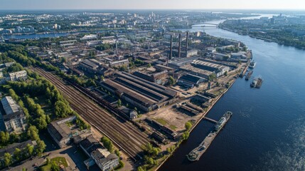 Fototapeta premium Industrial development overview urban area aerial photography modern environment wide angle economic growth