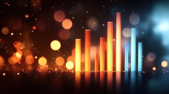 Colorful abstract glowing vertical bars resembling sound equalizer with bright bokeh light effects on dark background, creating a vibrant and dynamic atmosphere