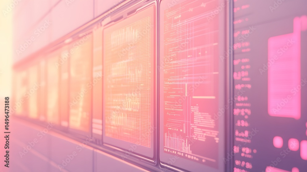 Poster row of glowing screens displaying abstract data visualizations.