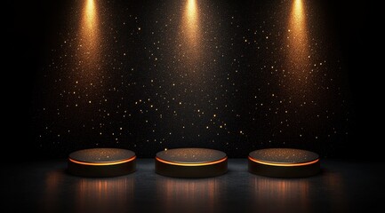 Three circular dark platforms illuminated by three warm spotlights, gold glitter descends in the dark background, reflecting on a glossy floor