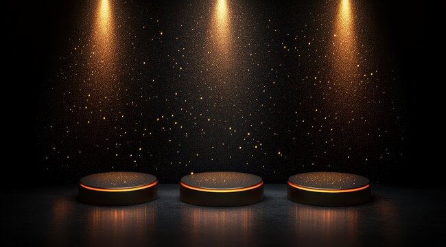 Three circular dark platforms illuminated by three warm spotlights, gold glitter descends in the dark background, reflecting on a glossy floor
