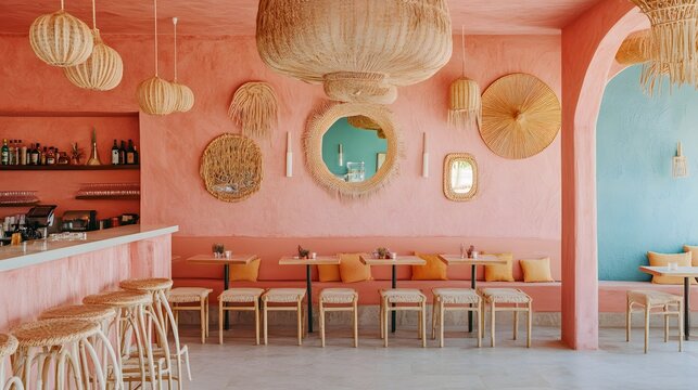 Coral pink beach cafe with minimalist boho decor