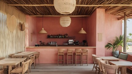 Obraz premium Coral pink beach cafe with minimalist boho decor
