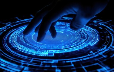 A gloved hand hovers over a glowing, circular, technological interface, activating a biometric scan with a fingerprint