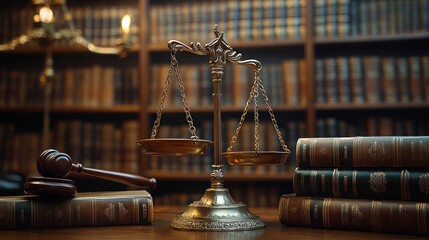 Antique brass balance scale, gavel, and stacked leather-bound law books on wooden desk with library shelves filled with books in the background
