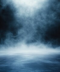 Misty dark blue fog over smooth reflective surface creating mysterious and atmospheric scene