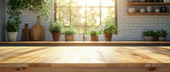 Fototapeta premium Sunlit wooden countertop in a bright kitchen with potted plants on the windowsill and shelves, creating a warm and inviting atmosphere