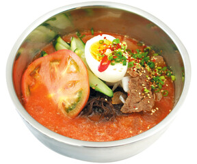 Spicy Korean Buckwheat Cold Noodles in Stainless Bowl