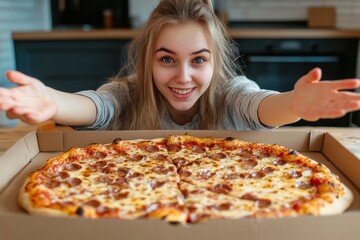 Young woman joyfully welcomes a fresh pizza while sitting at a wooden table in a cozy kitchen setting, A young woman with her hands extended in anticipation is standing in front of a big pizza box