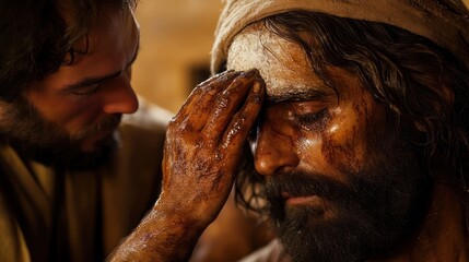 Ancient healer tending wounds, desert setting,  religious scene, historical film