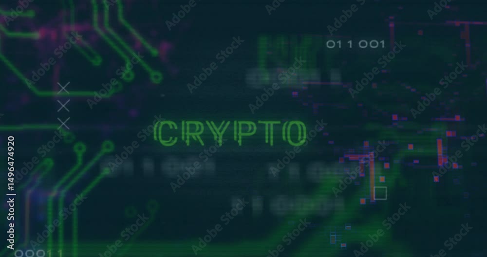 Poster binary digits sparking c forming then letters glitching and resolving into crypto pulsing green