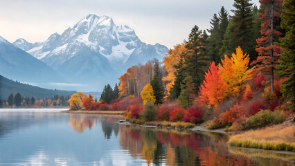 Autumn Forest and Snowy Mountain Reflected in Tranquil Lake – Scenic Fall Landscape Nature Photography.