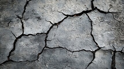 Obraz premium Close-up of dry, cracked earth surface showing deep fissures and textured soil in gray tones, illustrating drought or arid conditions