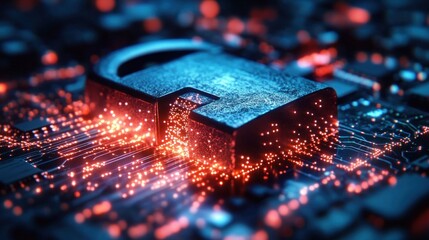 Close-up of a glowing digital padlock on a circuit board symbolizing cybersecurity and data protection