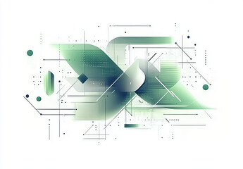 Abstract geometric shapes create modern design with green color palette, featuring lines, dots, and gradients that evoke sense of innovation and creativity