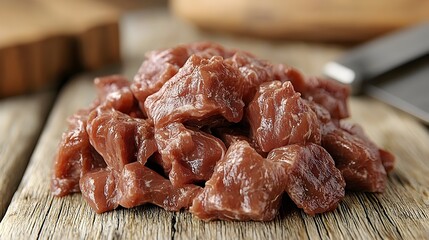 Fototapeta premium Close-up of a pile of raw, cubed beef on a rustic wooden surface, near a knife and cutting board