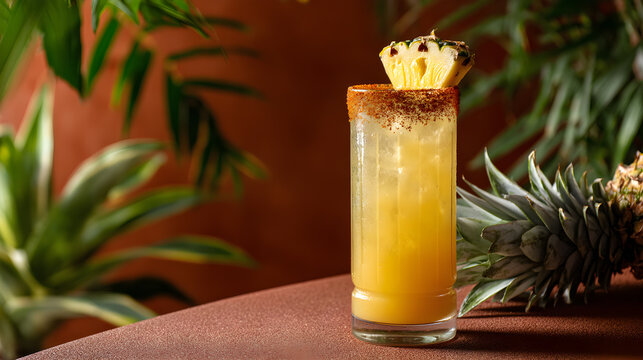 Pineapple tepache in tall glass with brown sugar rim and floating spices (AI Image)