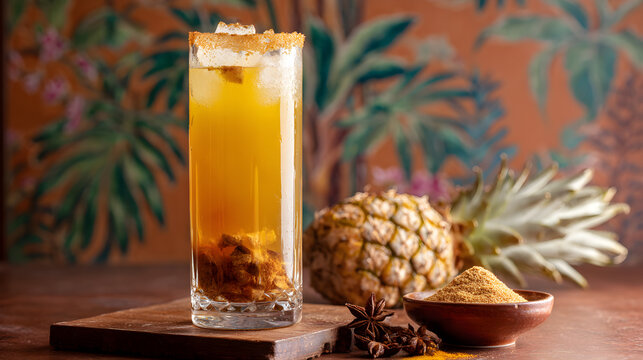 Tropical pineapple tepache with brown sugar rim and pineapple core in glass (AI Image)