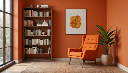 terracotta orange accent wall study with modern armchair and classic bookshelf, cozy home library inspiration, vibrant interior decor

