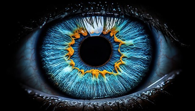 Extreme close-up of an eye showing intense blue iris with intricate light and dark blue patterns and bright orange radial details, surrounded by black eyelashes and skin