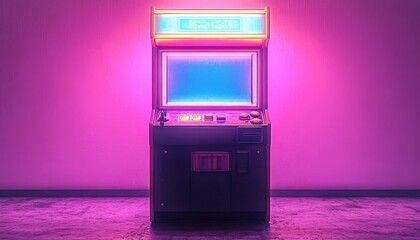 Vintage arcade gaming machine illuminated with neon pink and blue lights in a dimly lit room with textured carpet
