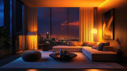 Modern luxurious living room with warm ambient lighting, large corner sofa, floor lamps, a round coffee table, and a panoramic city skyline at night through floor-to-ceiling windows