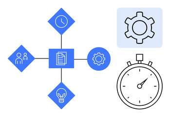 Diagram combining document, team, clock, gear, lightbulb, and stopwatch icons emphasizing workflow, time management, and idea generation. Ideal for productivity collaboration efficiency project
