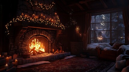 Cozy winter cabin interior with fireplace and snow-covered view.
