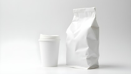 Blank Coffee bag with disposable coffee cup mockup 