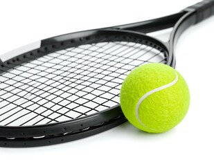Black Tennis Racquet and Bright Yellow Tennis Ball Isolated