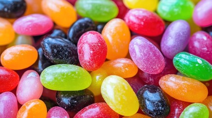 Colorful jellybeans, close-up, scattered, sugary texture, food background, confectionery