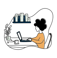 Student online learning at desk. Focused individual at a laptop, books nearby. Perfect for e learning, remote work, or study concepts. The atmosphere is diligent and calm