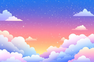 Dreamy cloudscape illustration with pastel colors and sparkling stars backdrop