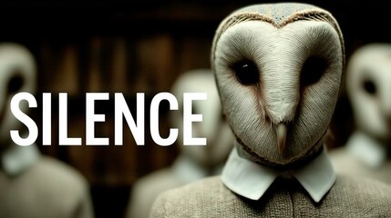 A haunting close-up of a person with a barn owl head, labeled 'SILENCE' in stark white text