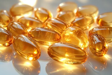 Close-up of translucent golden softgel capsules on a reflective surface with warm light enhancing their glossy texture and clarity