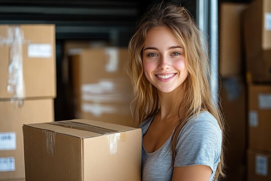 Smiling young woman holding a cardboard box surrounded by stacked shipping boxes in a warehouse setting