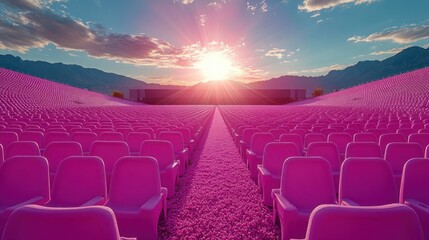 Fototapeta premium Empty pink seats form a vast amphitheater under a vibrant sunset