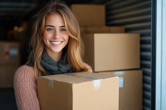 Smiling young woman holding a cardboard box standing in front of stacked moving boxes inside a storage unit
