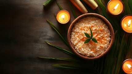 Aromatic rice dish in a rustic bowl, surrounded by candles and palm leaves.