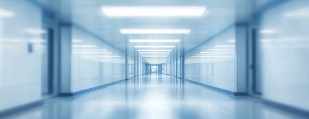 Fototapeta premium Long empty hospital or office corridor with glossy floor and bright ceiling lights creating a sterile atmosphere
