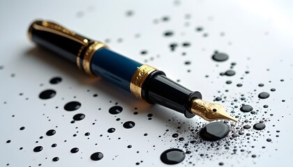 Fototapeta premium A fountain pen sitting on top of a table covered in ink droplets
