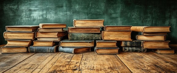 A stack of aged, antique books lay on a textured wood surface against a dark green textured wall