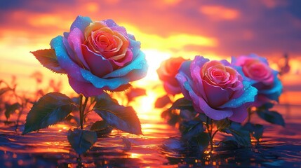 Close-up view of colorful roses with blue and pink petals covered in water droplets blooming above a reflective water surface during a warm glowing sunset