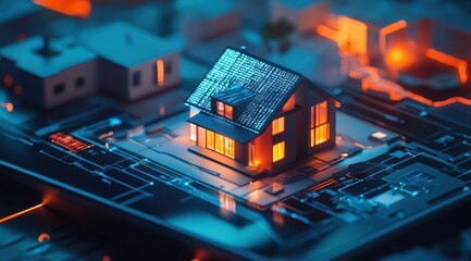 Illuminated house model sits atop a glowing circuit board, surrounded by smaller buildings in a futuristic, digitally rendered scene