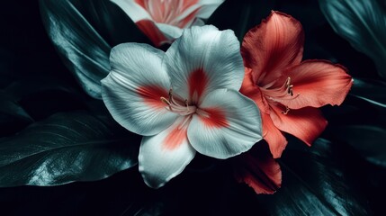 Obraz premium Lush tropical flowers blooming, dark background, nature photography, website banner