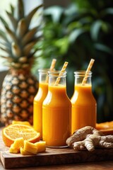 Fototapeta premium Three bottles of fresh orange and pineapple juice with paper straws, surrounded by sliced orange, pineapple chunks, and fresh ginger root on a wooden surface with blurred greenery background